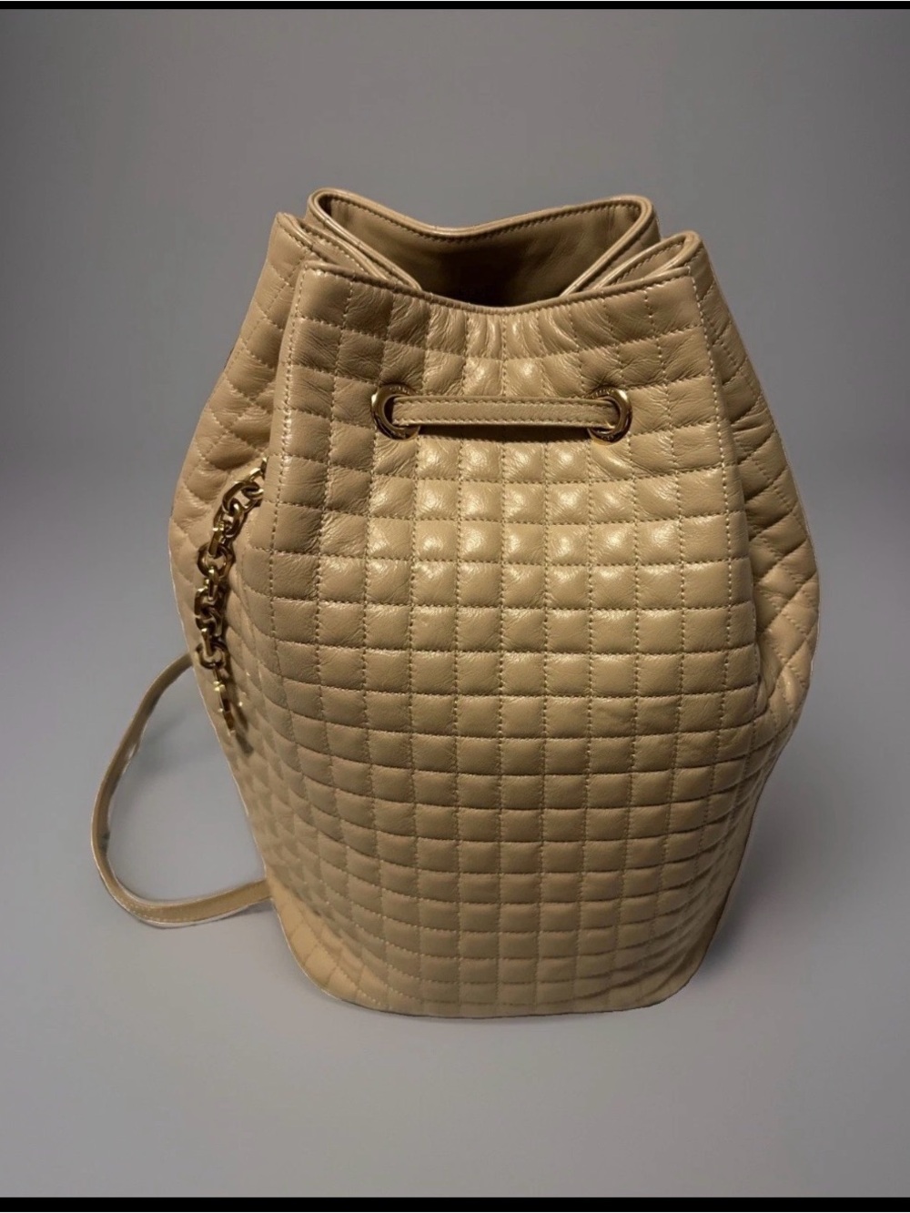 Authentic CELINE Small C Bucket Bag Beige Quilted  Leather Gold Chain Charm